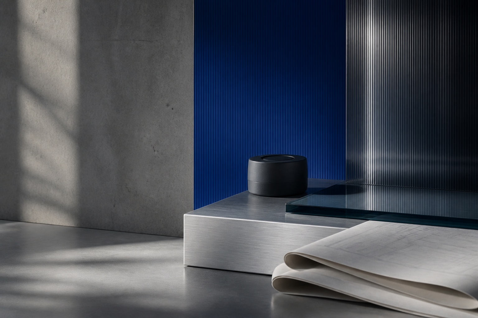 Architectural arrangement of cobalt panels, metal, glass, and paper